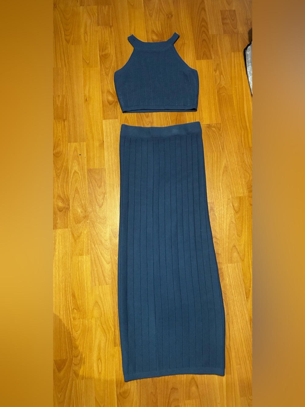 Fashion Nova Like New Blue Ribbed Crop Top and  Skirt Set Size Small